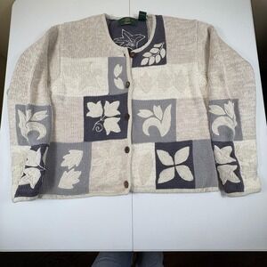 Vintage Orvis‎ Patchwork Leaf Cardigan Womens Large Ramie Cotton Button